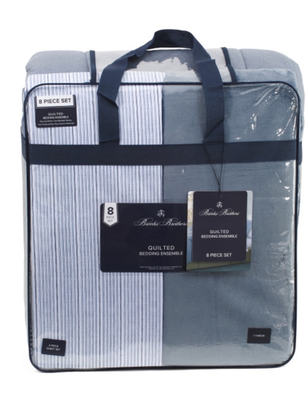 Brooks Brothers Navy Blue Plaid and Solid Bedding Set